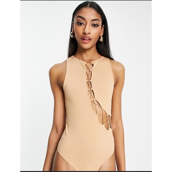 Asos Design Tan Lace-Up Cutout Bodysuit Size M/L Made In Bulgaria - Picture 1 of 7